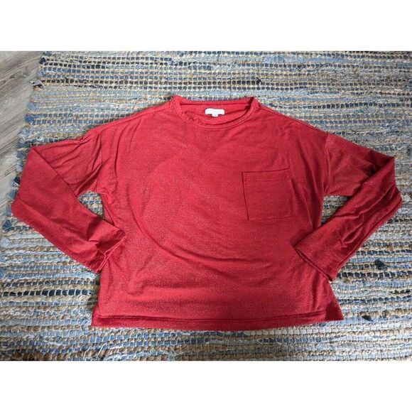 Red Cropped Pullover Sweater S Lightweight L/S Sparkly Glitter Front Pocket - Picture 2 of 7
